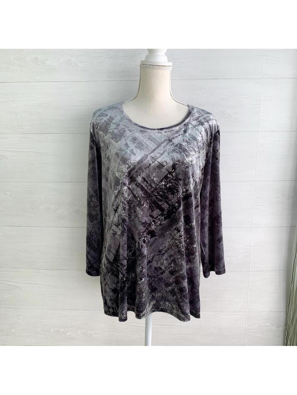 Chico's Gray Silver Abstract Velour Stretch 3/4 Sleeve Top Size 3 XL